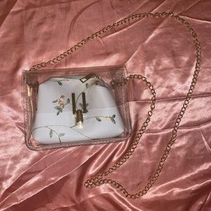 small, clear crossbody w/ floral sewn lace bag
